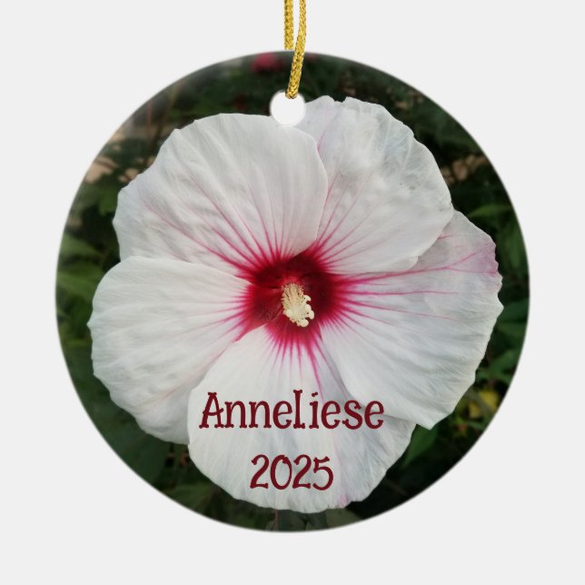 Vita Hibiscus Flower-foton Julgransprydnad Keramik (Framsidan)