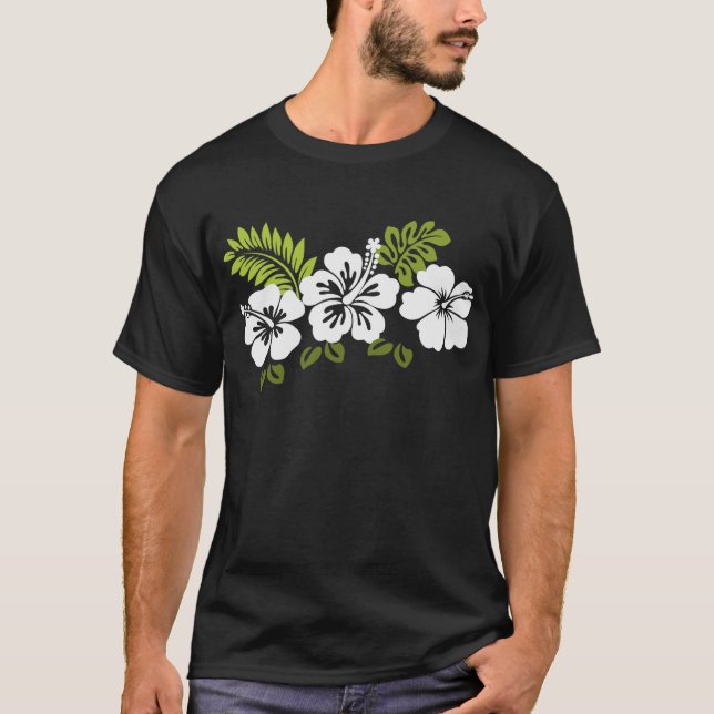 Vita hibiscus och löv t-shirt (Framsida)