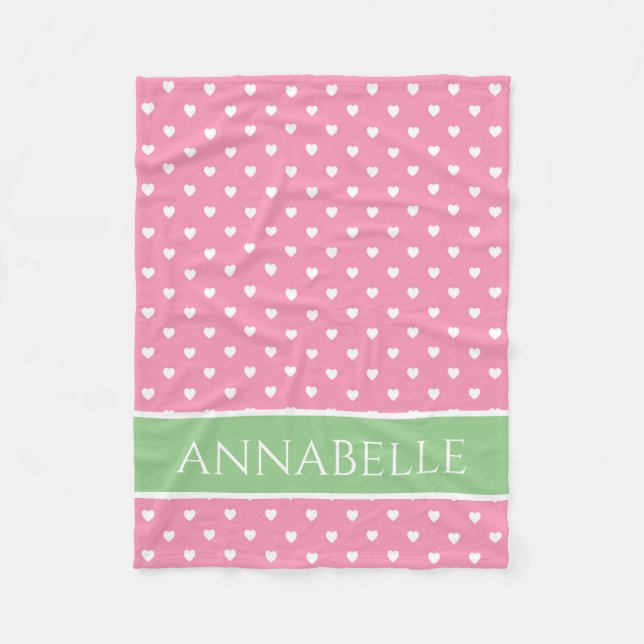 Vita hjärtan på Rosa med Gröntens Personlig Fleecefilt (Framsidan)