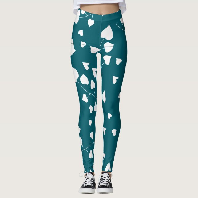 Vita hjärtat löv mönster på grönten leggings (Framsida)