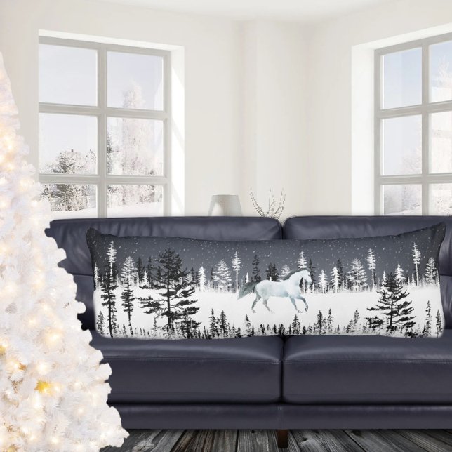 Vita Horse Snowy Night Östra Gräs Träd Forest Kroppskudde (White Horse Snowy Night Eastern Pine Tree Forest Body Pillow)