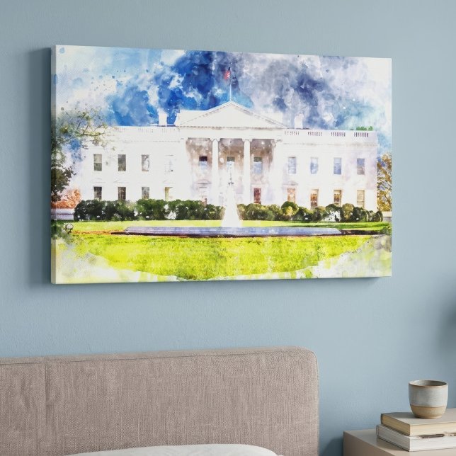 Vita huset i Washington DC Akvarell Canvastryck (The White House in Washington DC Watercolor. Canvas Print)