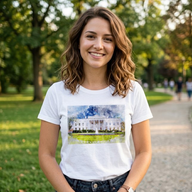 Vita huset i Washington DC Akvarell T Shirt (The White House in Washington DC Watercolor. Women Basic White T-Shirt)