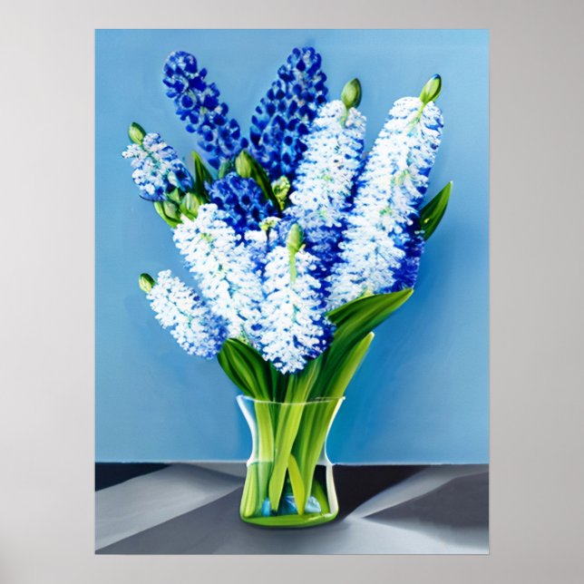 Vita hyacinater i Glass Vas på Blue Poster (Framsidan)