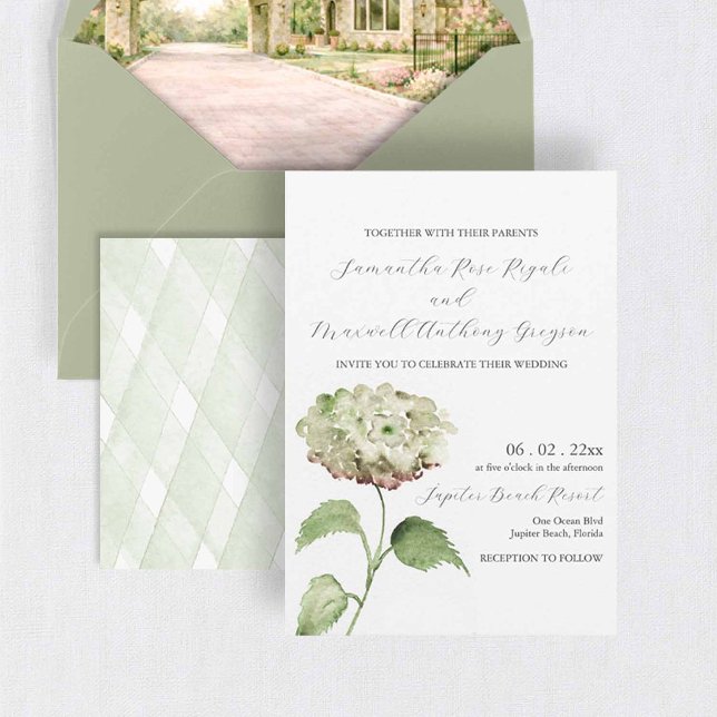 Vita Hydrangea Bröllopsinbjudan Inbjudningar (Watercolor flower wedding invitations with venue envelope liner and green hydrangeas)