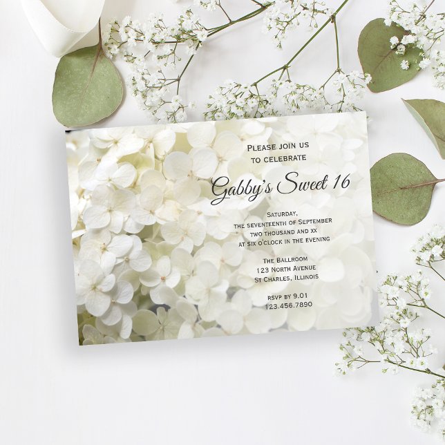Vita Hydrangea Flowers Sweet 16 Födelsedagsfester Inbjudningar (Skapare uppladdad)