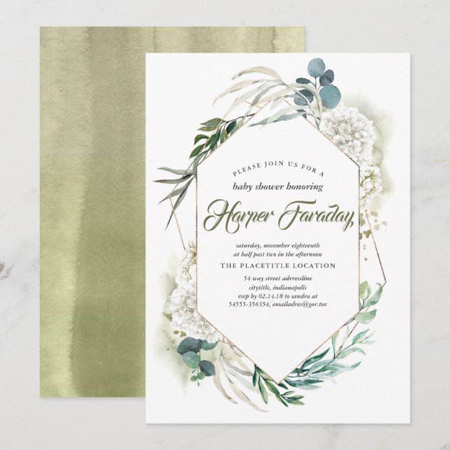 Vita Hydrangea Greenery Baby Shower-inbjudningar Inbjudningar (Fram/baksida)