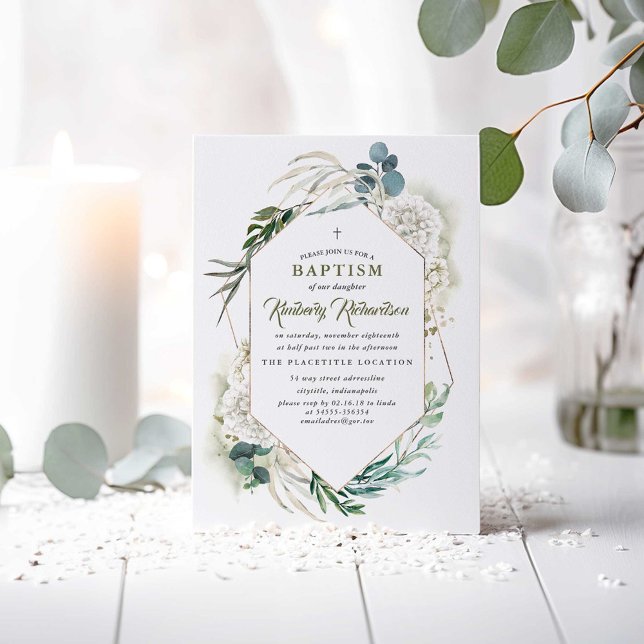 Vita Hydrangea- och Grey Baptism- inbjudningar (Greenery Baptism Invitations)