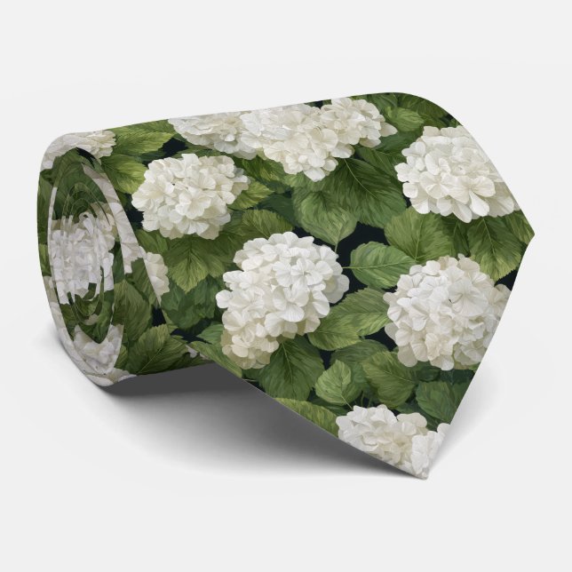 Vita Hydrangeablommor med Grönt Bladsmönster Slips (Rullad)