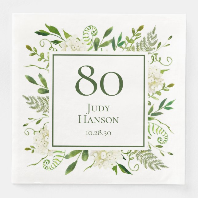 Vita Hydrangeor på 80-årsdagen Pappersservett (Framsida)