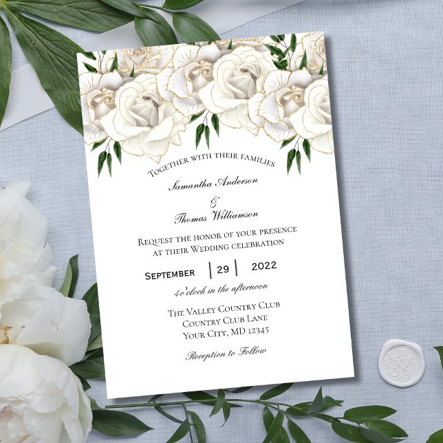 Vita inbjudan till Vita Guld Ro Blommigt Formell b (White Gold Roses Floral Wedding Invitation. Printed or Digital instant download. Elegant and Formal)