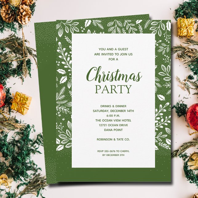 Vita inbjudningar till jul - Helgdag (White botanicals border on green Christmas invitations, PRINTED and/or INSTANT DOWNLOAD)