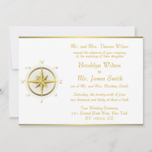 Vita inbjudningar till Nautical Wedding Guld Compa