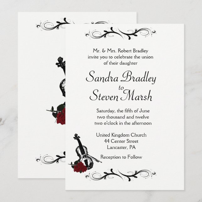 Vita inbjudningar till Violin Music Wedding 5" x 7 (Fram/baksida)