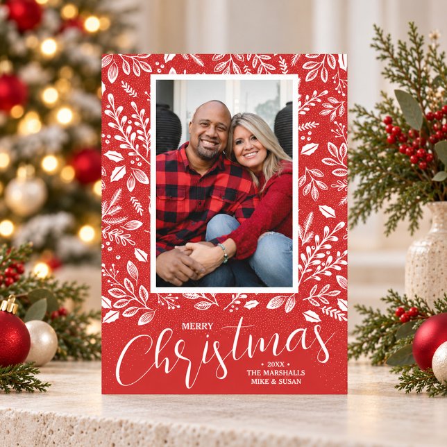Vita julbotaniker på röd foto julkort (White botanicals on red Merry Christmas photo holiday cards, PRINTED and/or INSTANT DOWNLOAD)