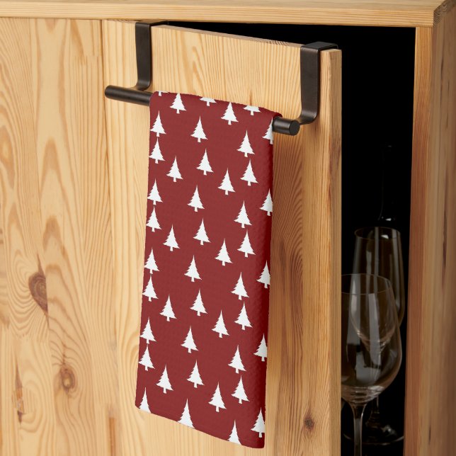 Vita julgranar Mörkröda Kökshandduk (Thirds Fold)