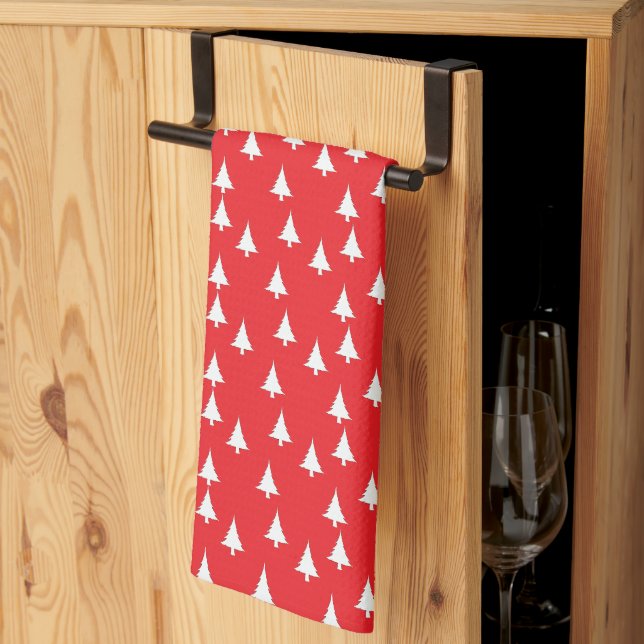 Vita julgranar röda kökshandduk (Thirds Fold)