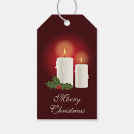 Vita julgranskandelabbar på röd bakgrund - God Jul Presentetikett