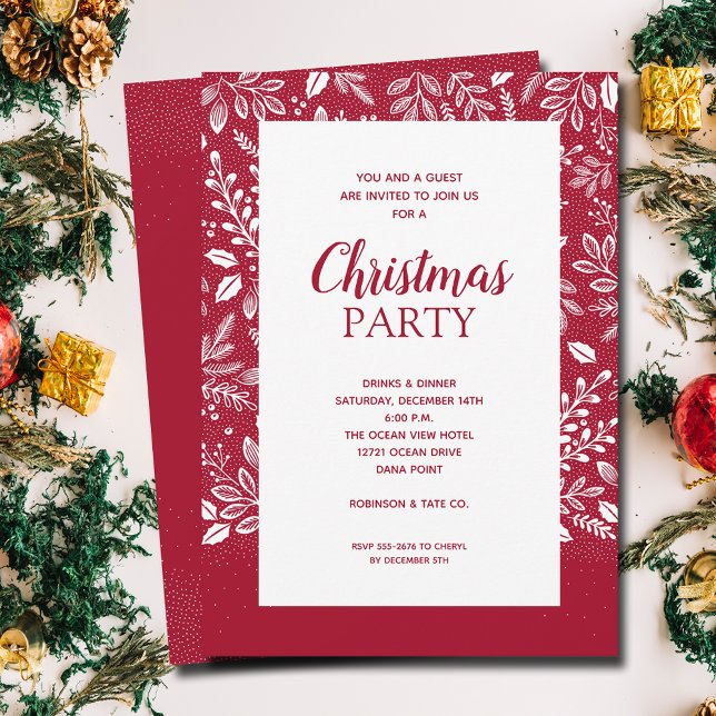 Vita julinbjudan till kanberry (White botanicals border on cranberry Christmas invitations, PRINTED and/or INSTANT DOWNLOAD)