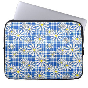 Vita kamomill på en blå styrd rygg laptop fodral
