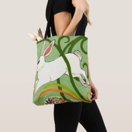 Vita kanin Grönt Art Deco Tote Purse Vines Tygkasse