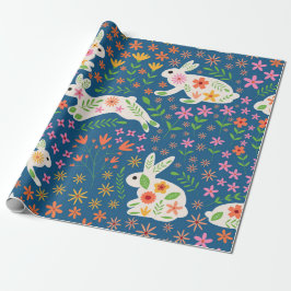 Vita kaniner med fantasifulla färgglada blommor presentpapper