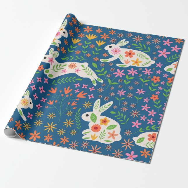 Vita kaniner med fantasifulla färgglada blommor   presentpapper (Utrullad)