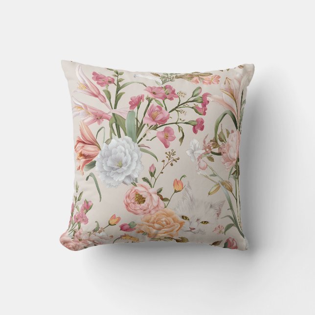 Vita katter rosa rosor blom-  kudde (Framsida)