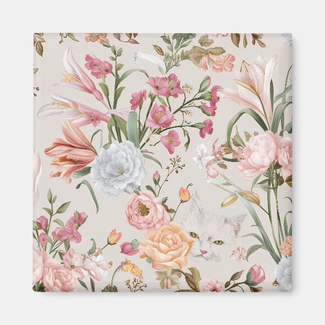 Vita katter rosa rosor blom- magnet (Framsidan)