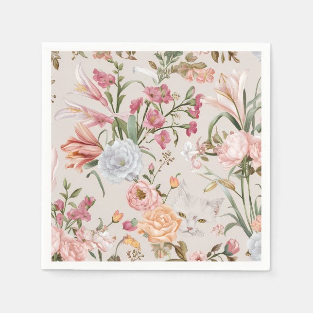 Vita katter rosa rosor blom-  pappersservett (Framsidan)