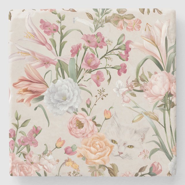 Vita katter rosa rosor blom-  stenunderlägg (Framsidan)