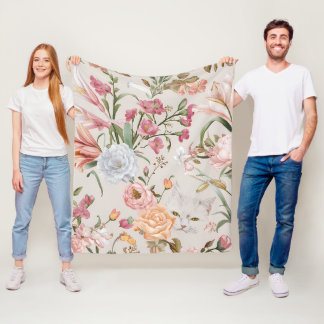 Vita katter rosa rosor blommig fleecefilt