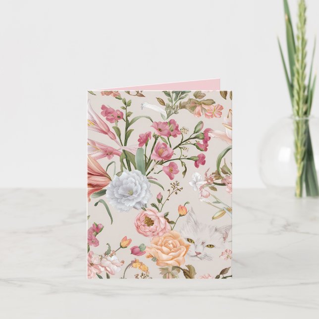 Vita katter rosa rosor blomsterflat tackkort kort (Framsida)