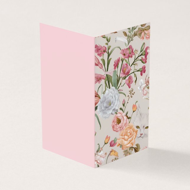 Vita katter rosa rosor blomsterflat tackkort kort (Utsida)