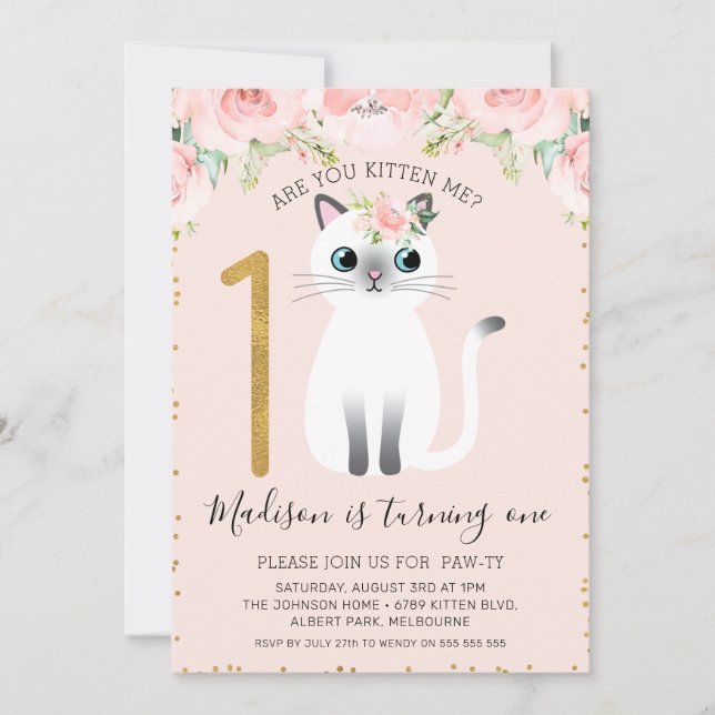 Vita Kitten är du Kitten mig 1:a födelsedagen Inbjudningar (Framsida)