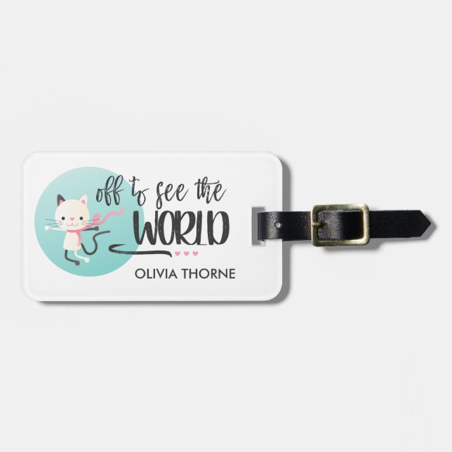 Vita Kitten Av för att se världen | Anpassat namn Bagagebricka (Horisontell Framsida)