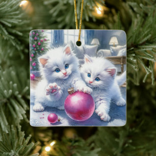 Vita Kittens Rosa Personlig vid jul Julgransprydnad Keramik