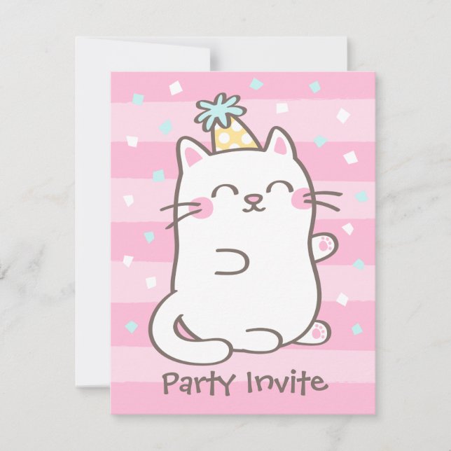 Vita Kitty Katt Tjejer Födelsedagsfest Inbjudninga Inbjudningar (Framsida)