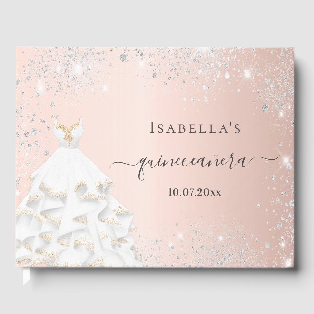 Vita klänningen glitter i guld vid Quinceanera ro Gästböcker (Framsida)
