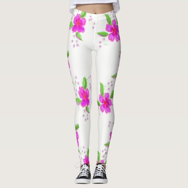 Vita kopplingar med Rosa blomning Leggings (Framsida)
