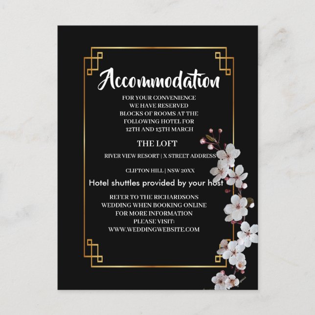 Vita körsbärsblommor & förgylld ram boende meddelande vykort (Framsida)