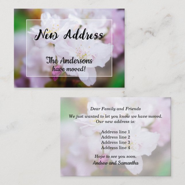 Vita körsbärsblommor Ny adress kungörelse Anteckningskort (Fram/baksida)
