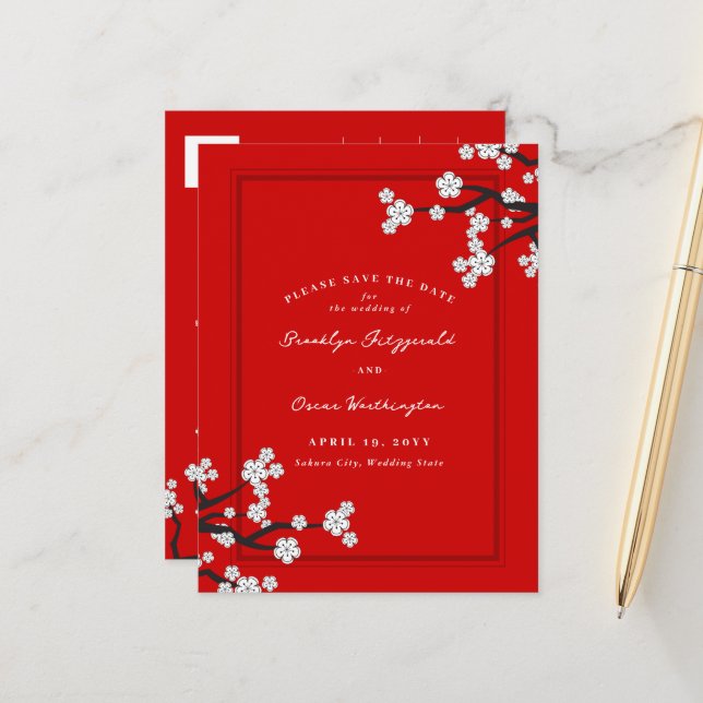 Vita körsbärsblommor Sakura asiatiskt datum för rä Meddelande Vykort (Fram/Back In Situ)