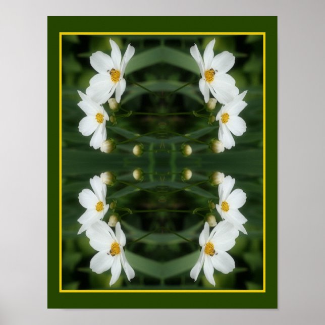 Vita kosmosblommor och Abstrakt av bin Poster (Framsidan)