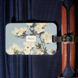 Vita kräm Azalea blommor Monogram Bagagebricka