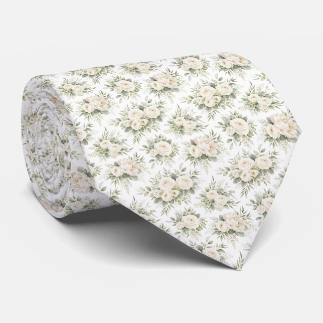 Vita krämfärgade akvarellblommor till bröllopsgudf slips (Rullad)