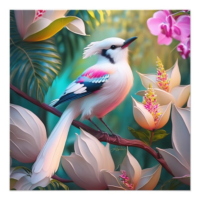 Vita, , krökta Fantasy Bird Fototryck (Framsidan)
