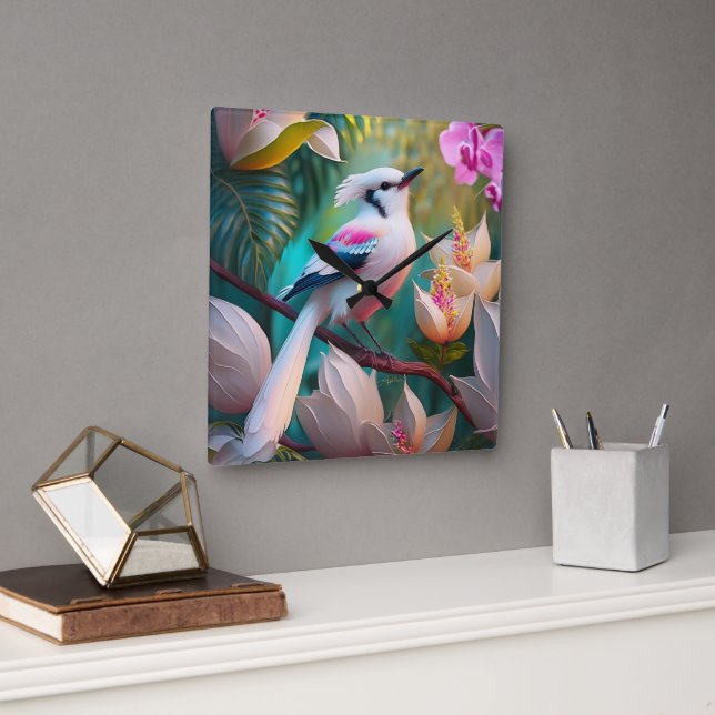 Vita, , krökta Fantasy Bird Fyrkantig Klocka (Kontor)