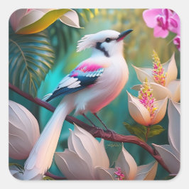 Vita, , krökta Fantasy Bird Fyrkantigt Klistermärke
