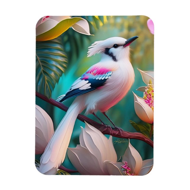 Vita, , krökta Fantasy Bird Magnet (Vertikal)